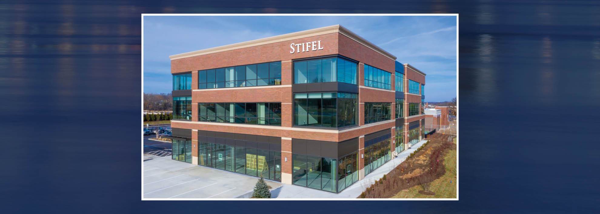 Image of the Stifel Frontenac office building; dark blue background with water